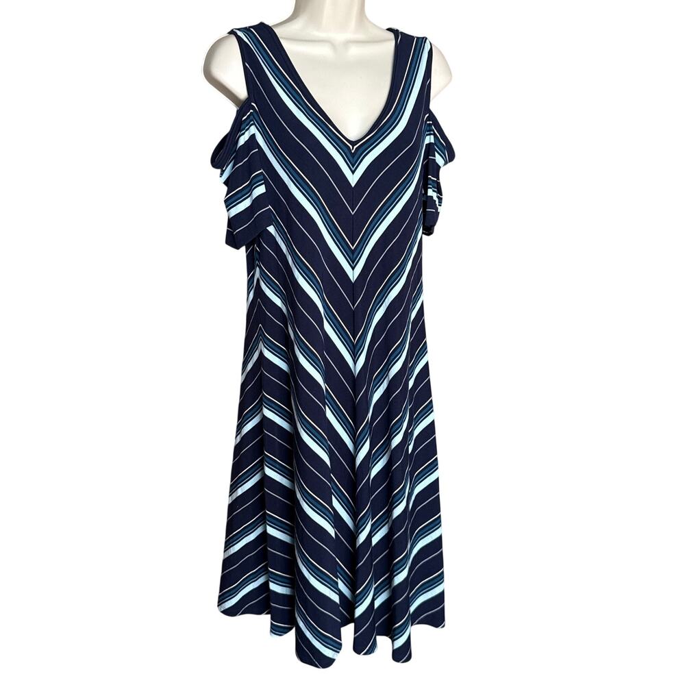 White House Black Market Black Blue Chevron Stripe Cold Shoulder Dress L